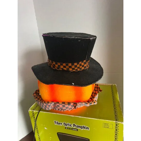 Fiber Optic Pumpkin With Top Hat Halloween Decoration 10 Inches With Adapter - Picture 4 of 4